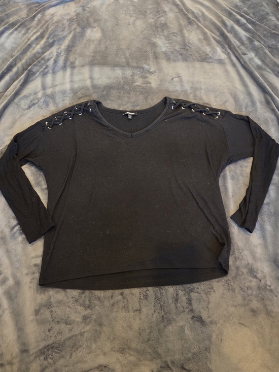 Express Tops - Express Black Lace-Up Shoulder Long Sleeve Top